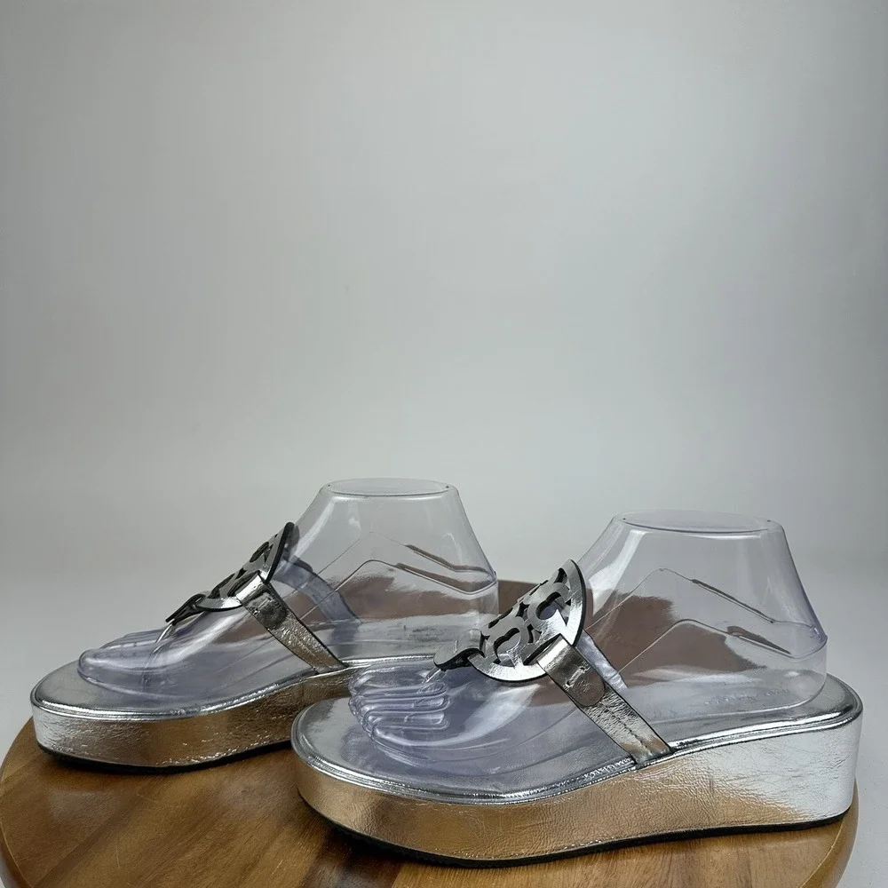 Womens Tory Burch Miller Platform Metallic Silver Leather Wedge Sandals Size 8.5 - Picture 2 of 8